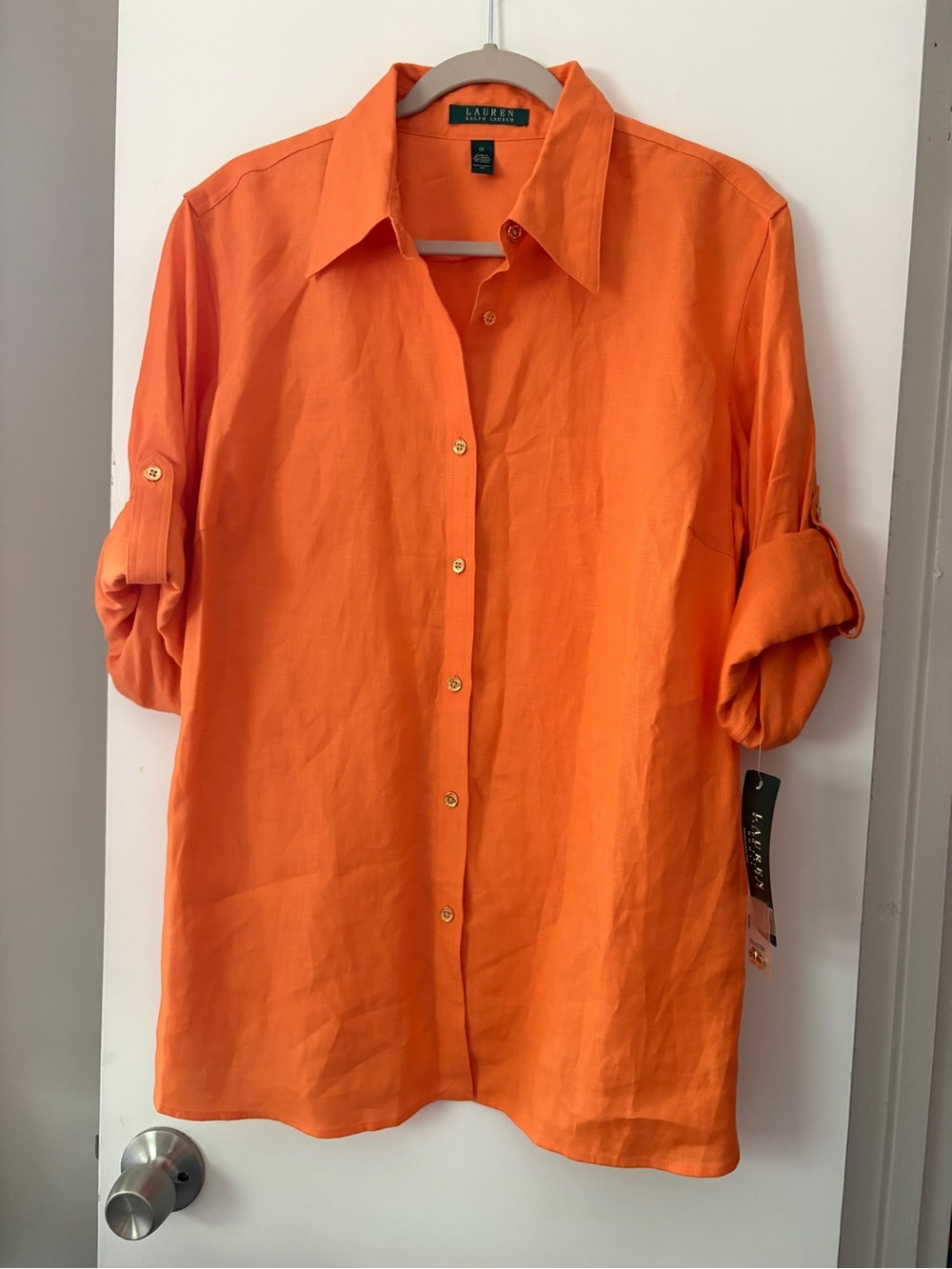 Lauren Ralph Lauren Bright Orange Linen Roll-Sleeve Button-Up Shirt